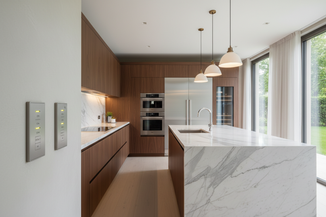A luxury kitchen with lutron palladiom keypads for lighting on the wall