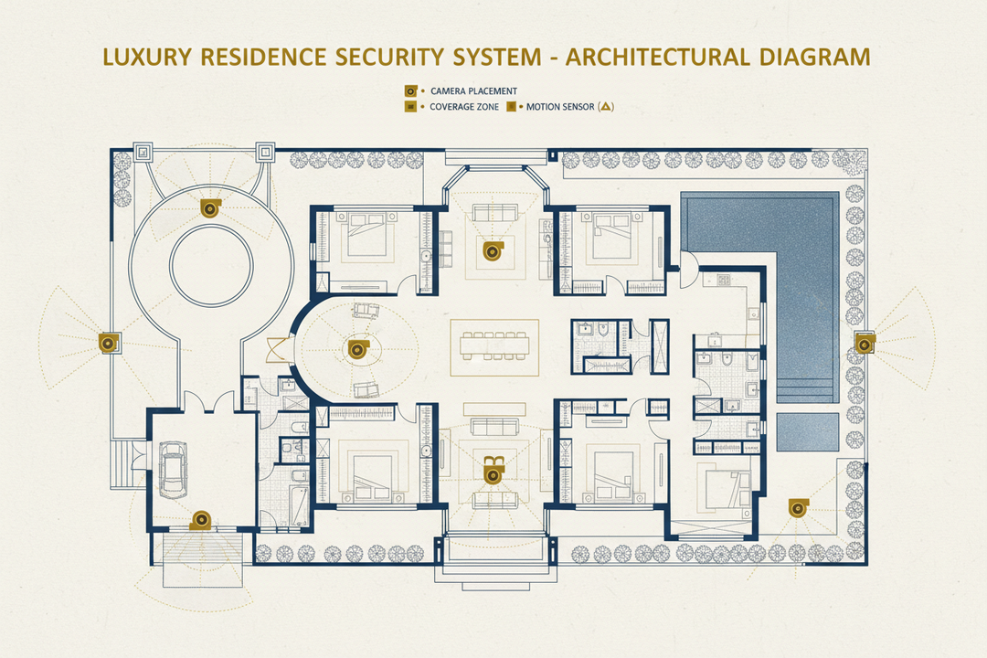 A professional security camera layout for a luxury residence
