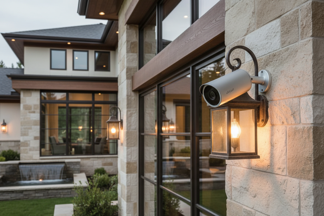 A ubiquiti bullet camera mounted on a luxury residence