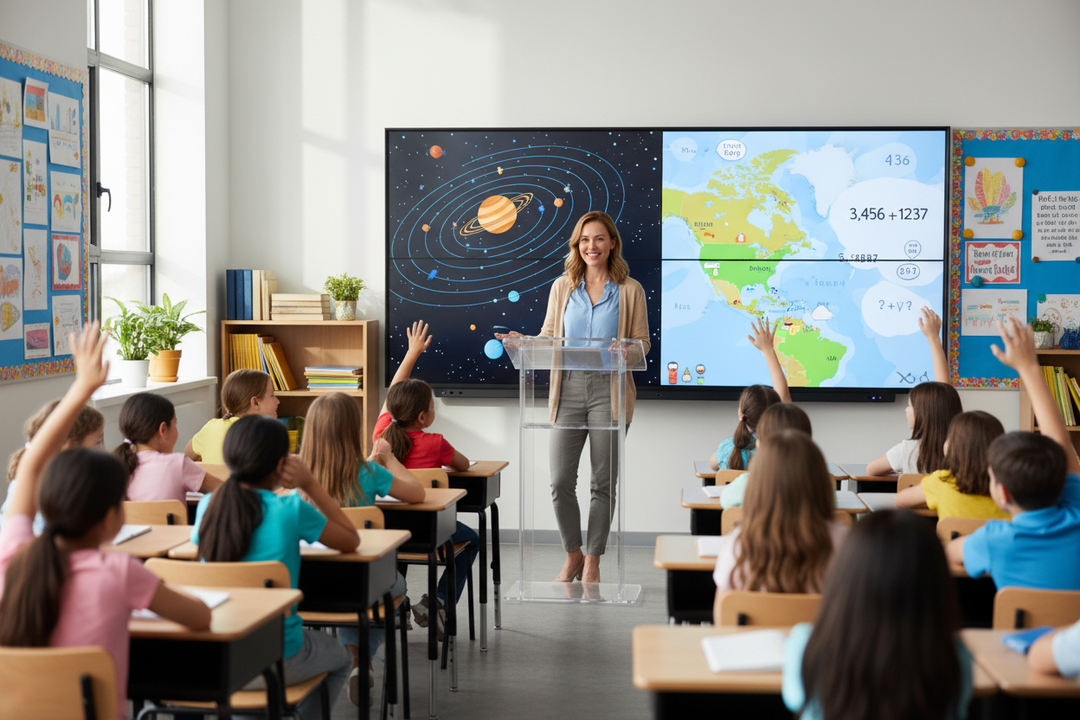 Add some children into the picture and put content on the videowall that is appropriate for 5th graders.  give the teacher a more wholesome look