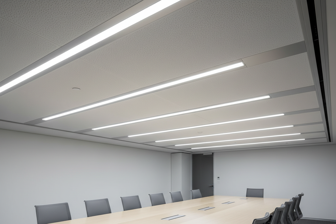 closeup of linear lighting in a corporate training room