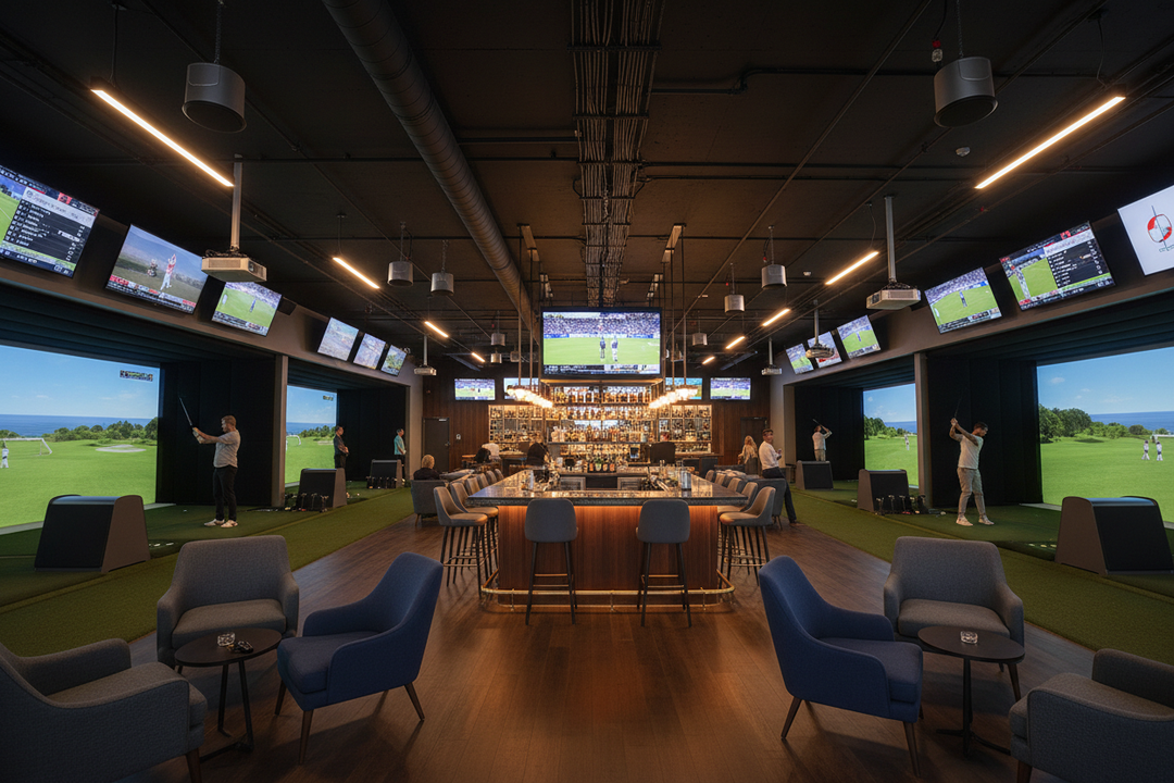 distributed audio video at indoor golf and bar facility