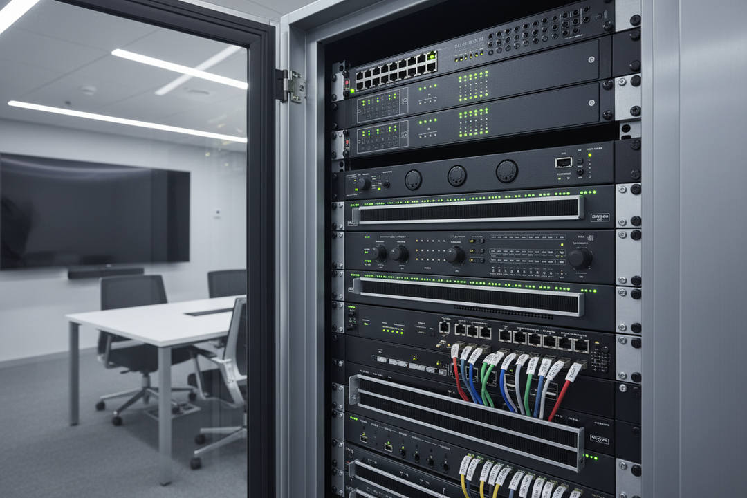 Equipment rack inside a cabinet in a conference room - close up