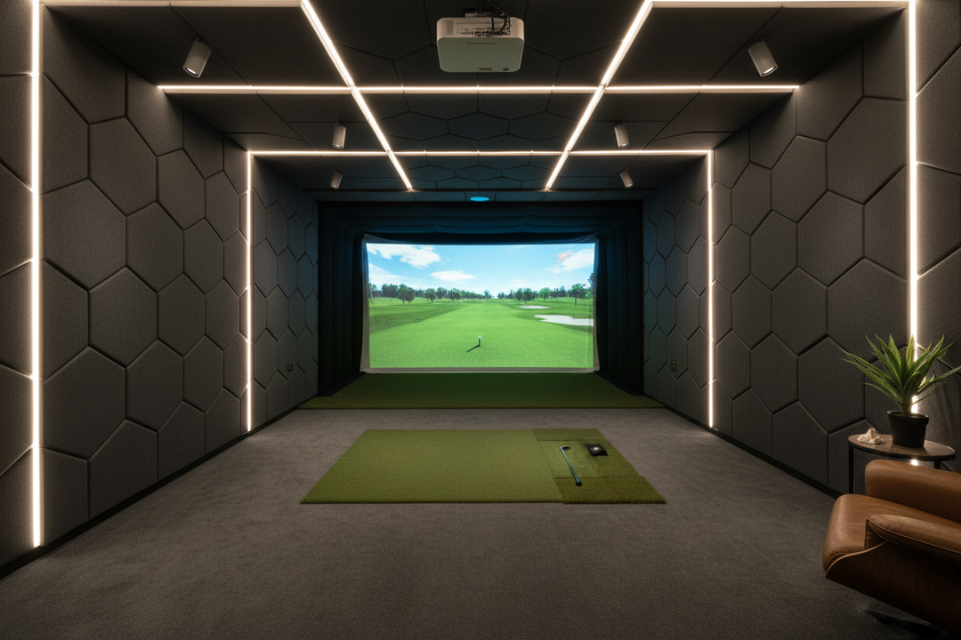 Image that showcases acoustic paneling and lighting for a golf simulator