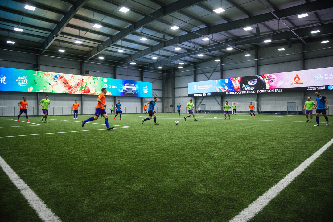 indoor soccer facility with people playing a game and digital signage showing advertisements in the background