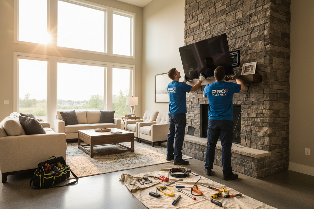 Installer crew mounting a tv above a fireplace in a living room