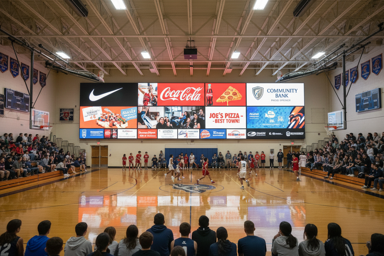 large format video wall in a high school gymnasium showing advertisements