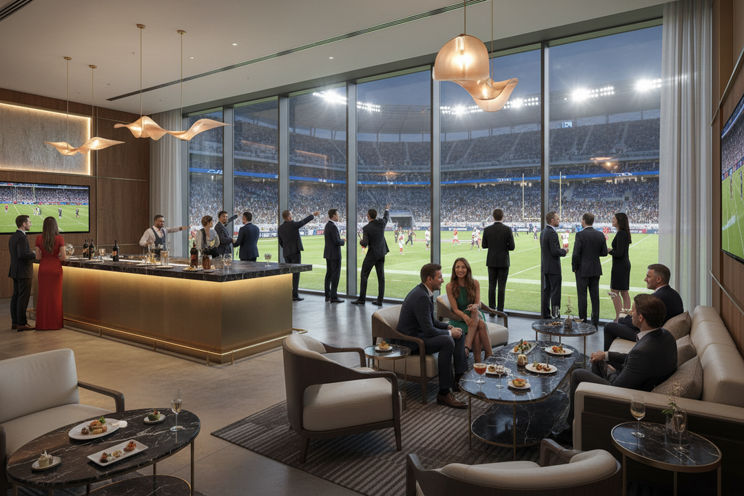 Large Premium Hospitality Area inside stadium that has people viewing a football game during a game