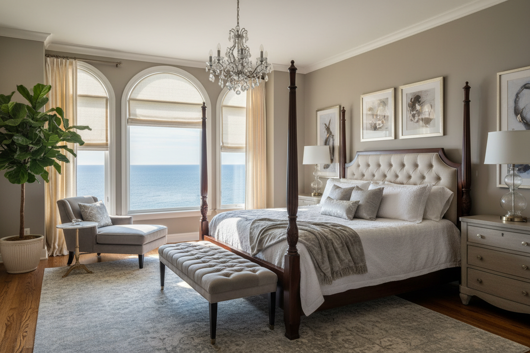 Luxury Bedroom with Window Shades half open with view of a lake erie