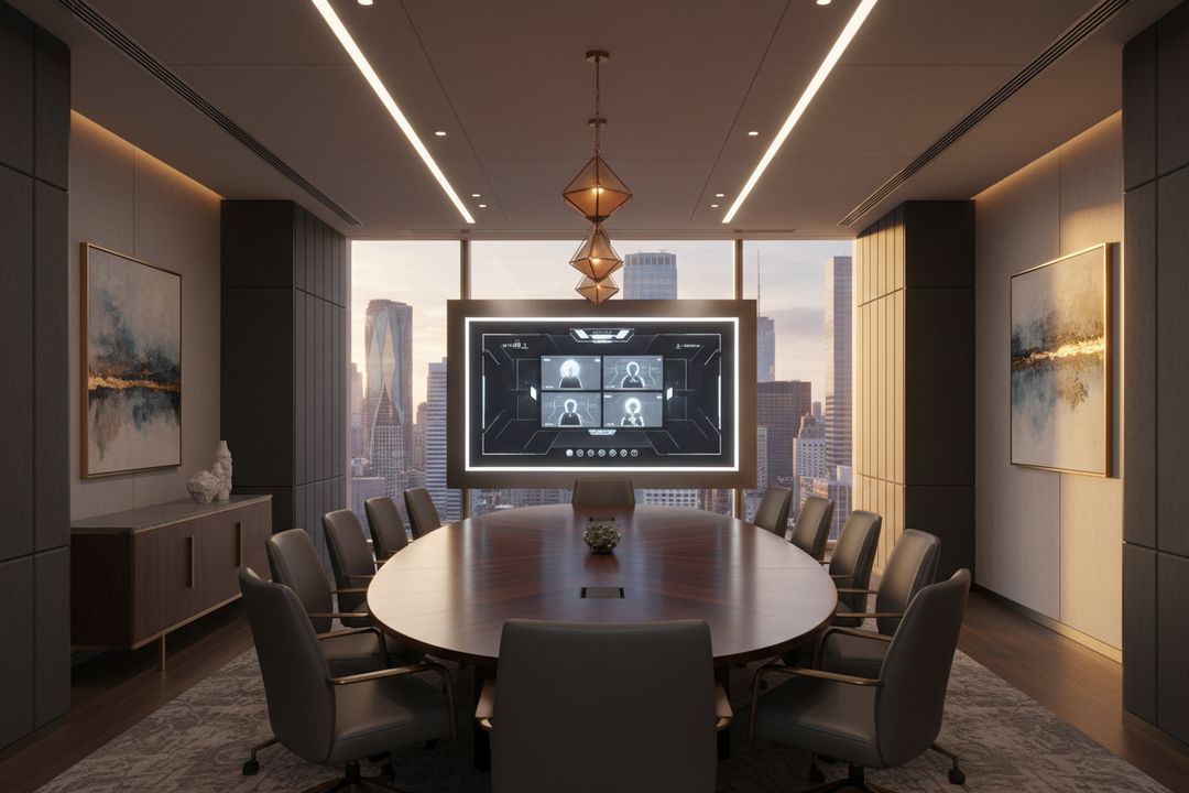 luxury corporate board room with video conference display