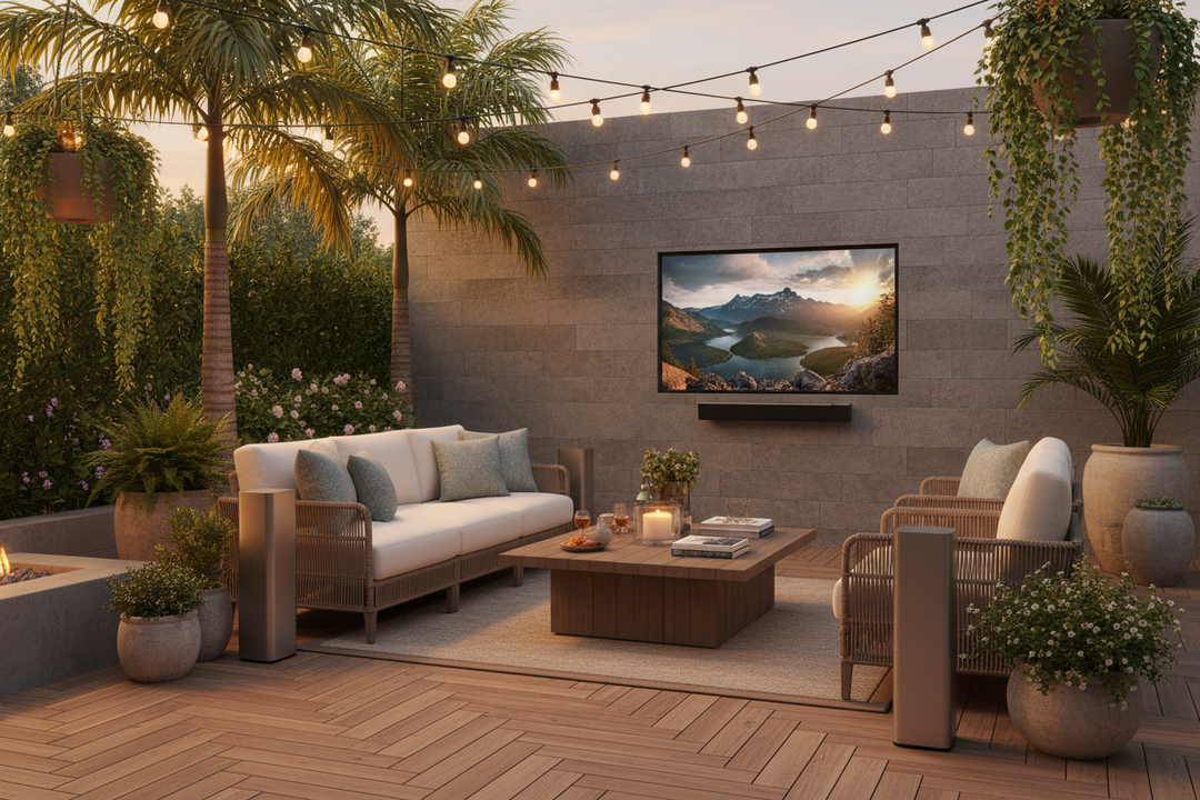Outdoor TV and sound system on a nice patio