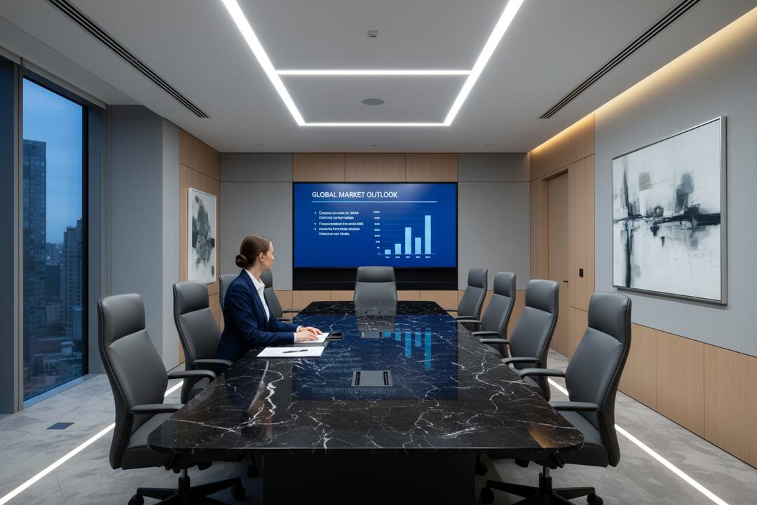 Person sitting in a board room looking at a large siplay