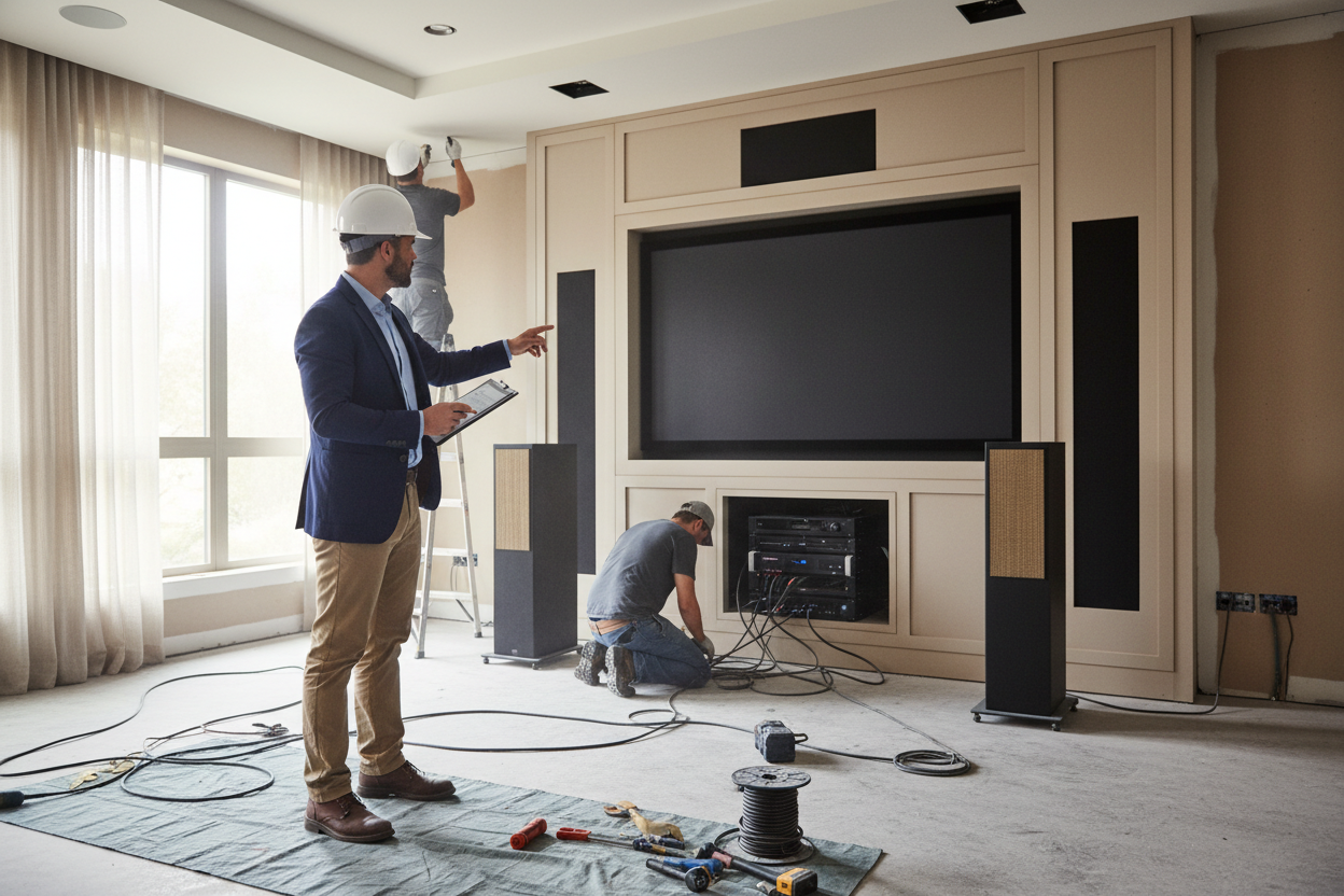 Project Manager on Jobsite Checking over Home Theater Install