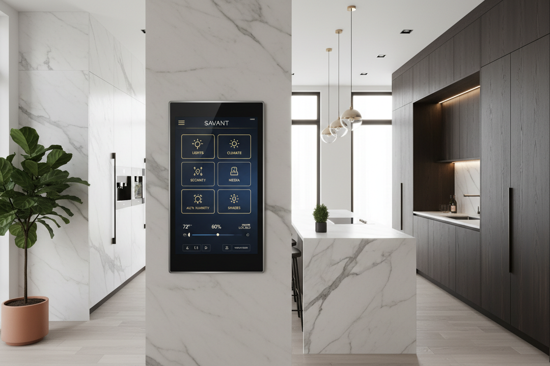 Savant Home Automation Touch Screen Mounted on the wall in a luxury kitchen
