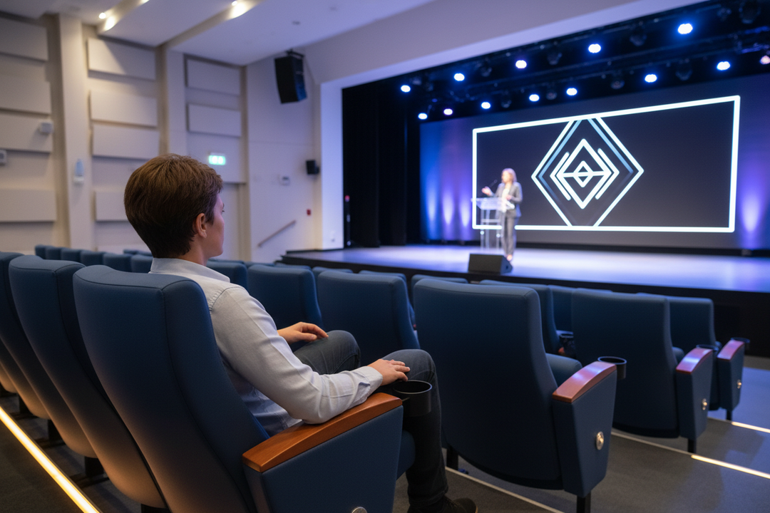 show a speaker in the background of someone sitting in an auditorium seat