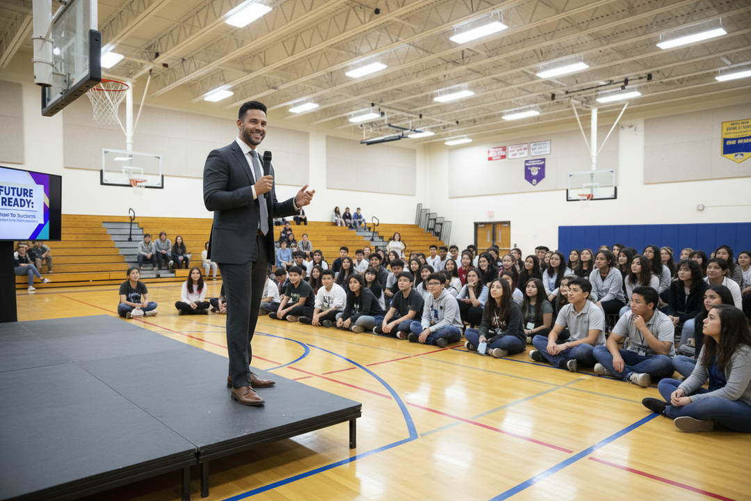 someone with a microphone giving  high school students a presentation from a gymnasium