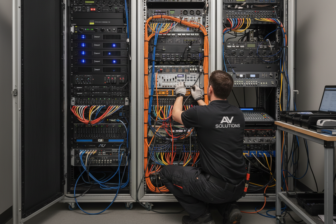 Technician Fixing an audio video equipment rack from behind