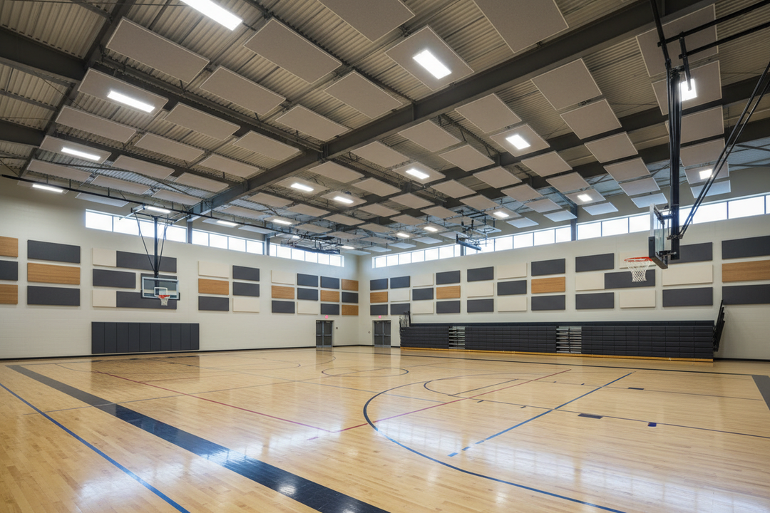 view of Acoustic treatments hung in rafters and on walls of a high school gymnasium